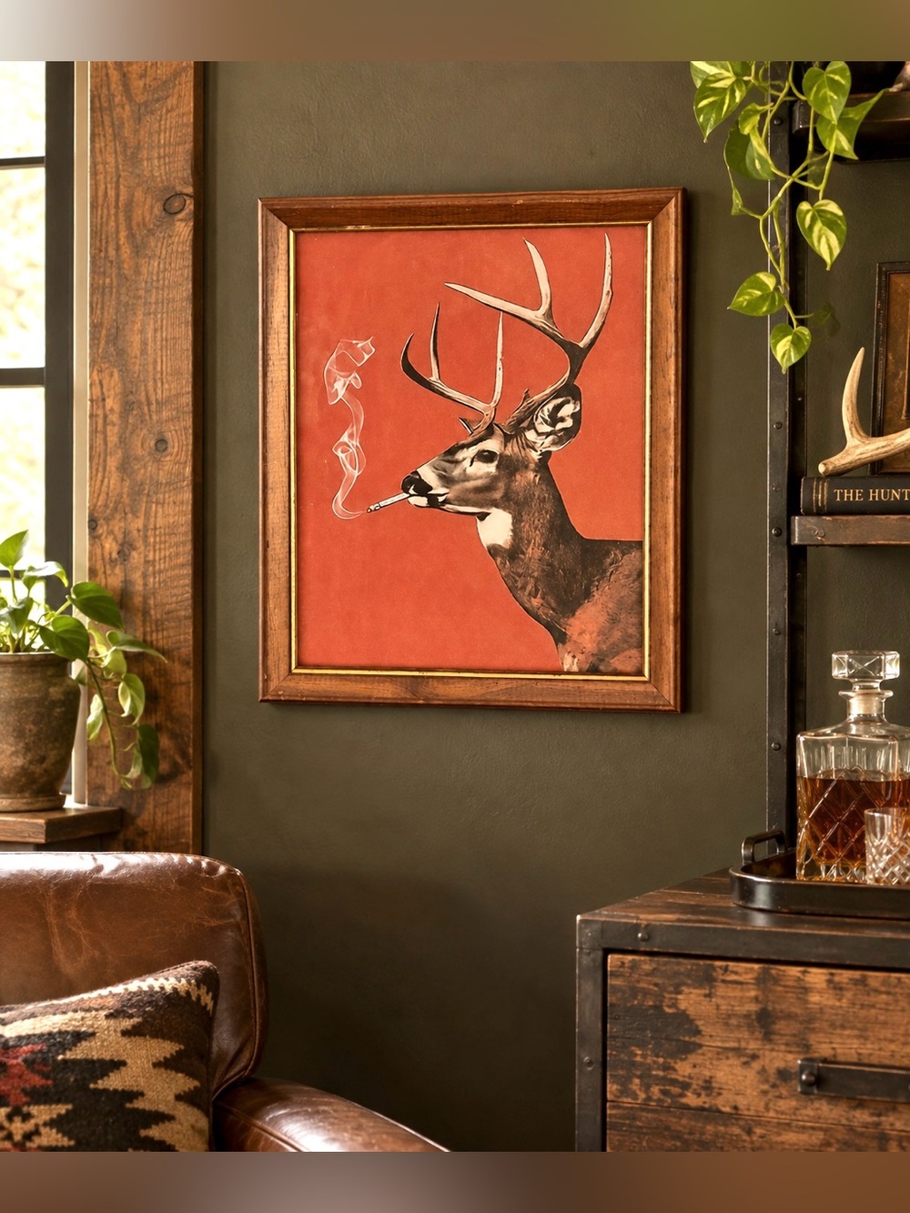 Buck Deer Smoking a Cigarette Vintage Style Canvas Wall Art Print Wood Framed